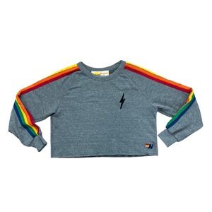 Aviator nation grey classic 5 stripe cropped crew neck L bolt beach surf  Preppy